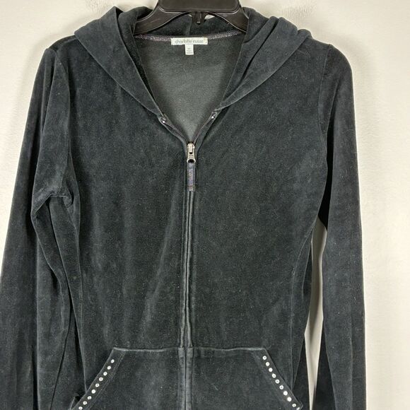 Y2K Vintage Black Velour Velvet Zip Hoodie Rhinestones Sz Medium Paris Spears - Picture 2 of 8
